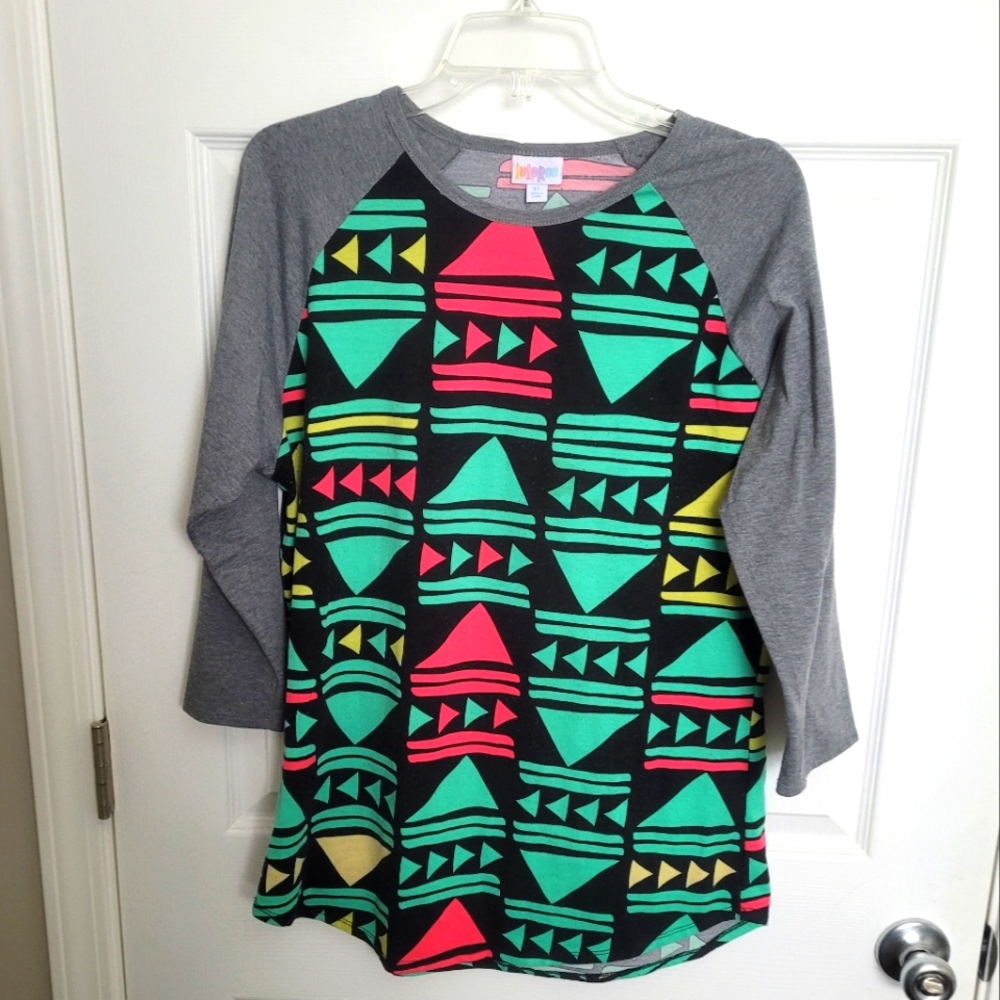 LuLaRoe Black Shirt with Pink and Green Geometric Design